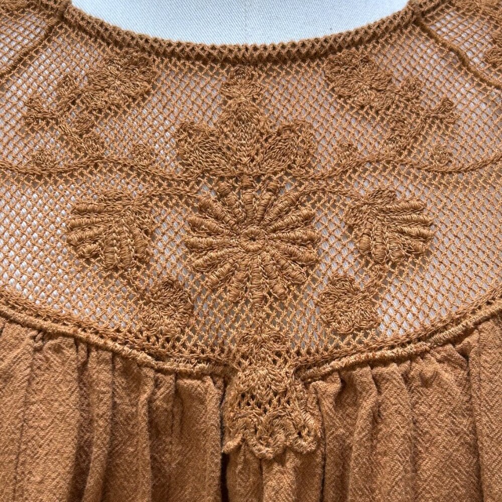 Brown Embroidered Lace Yoke Peasant Blouse Cotton Boho Folk Anthropology women L - Picture 5 of 16